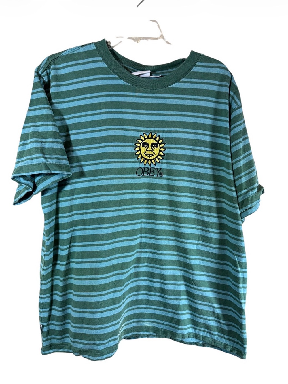 Obey green blue embroidered sun striped t shirt men’s XL